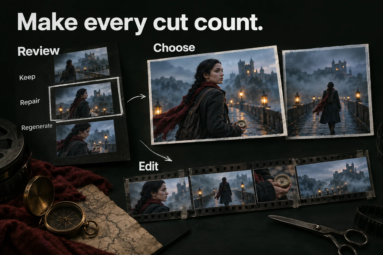 Illustrated review choices Keep, Repair and Regenerate lead from candidate takes to selected frames and a four-shot editing sequence.