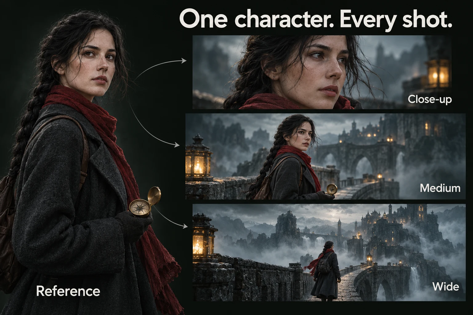 An illustrated character reference with a dark braid, red scarf and brass compass connected to close-up, medium and wide shots of the same traveler.