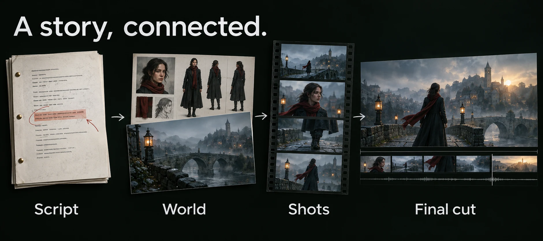 Illustrated workflow from a marked manuscript to reusable character and location references, planned shots and an edited final sequence.